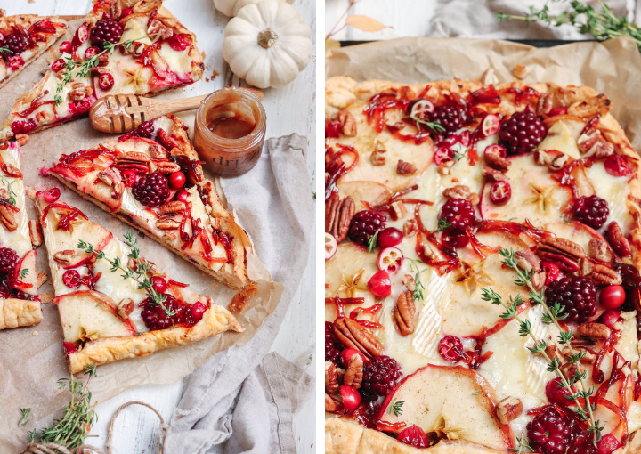 Puff Pastry Tart With Brie, Cranberries, Apple Slices and Cinnamon Spiced Honey