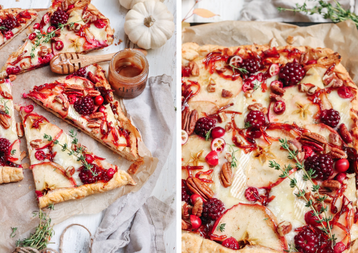 Puff Pastry Tart With Brie, Cranberries, Apple Slices and Cinnamon Spiced Honey 