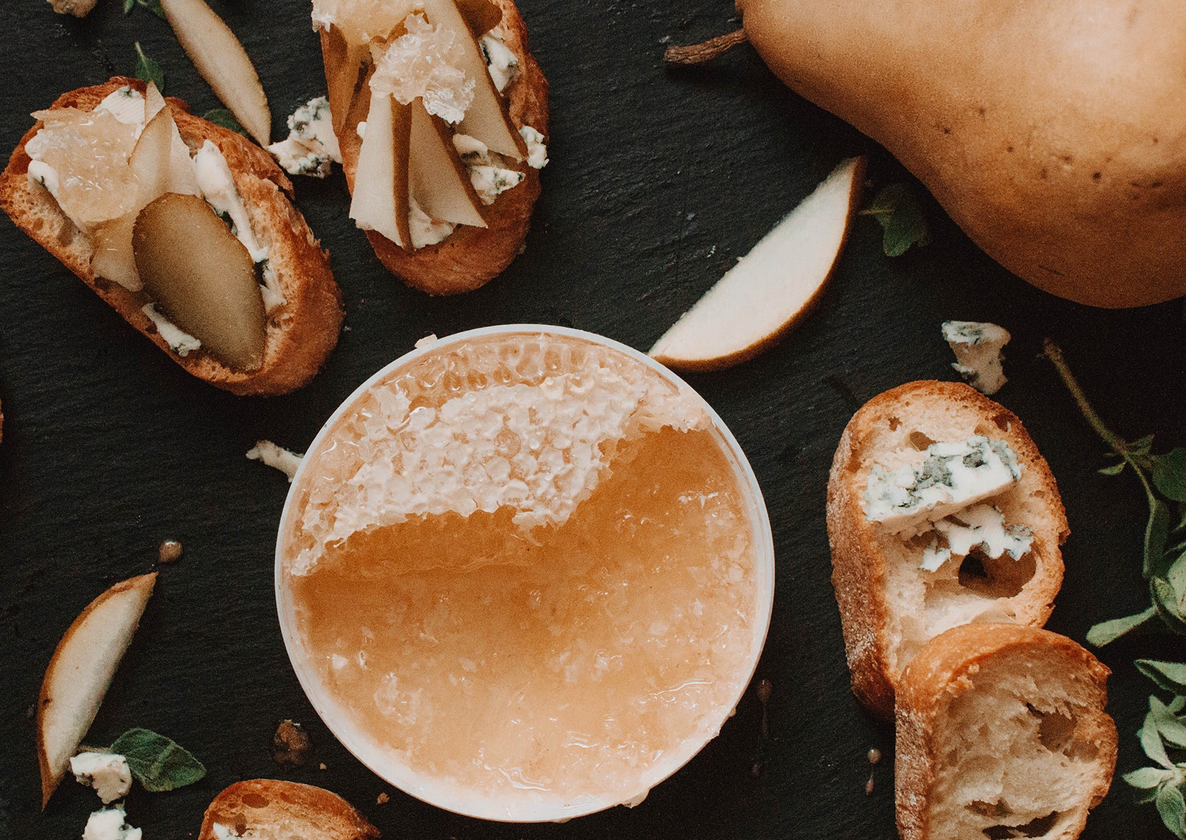 Honeycomb, Blue Cheese and Pear Crostinis